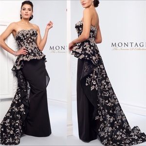 Black Lace Peplum Mon Cheri Gown with Tail.